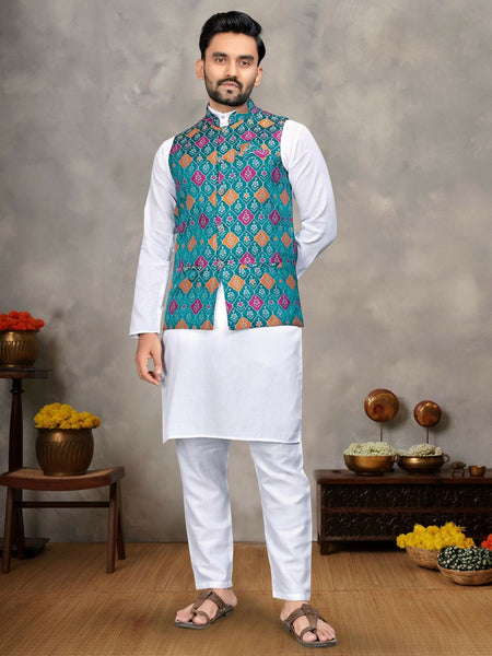 Anaita Blue Cotton Straight Kurta Pajama & Kurta With Jequard Work