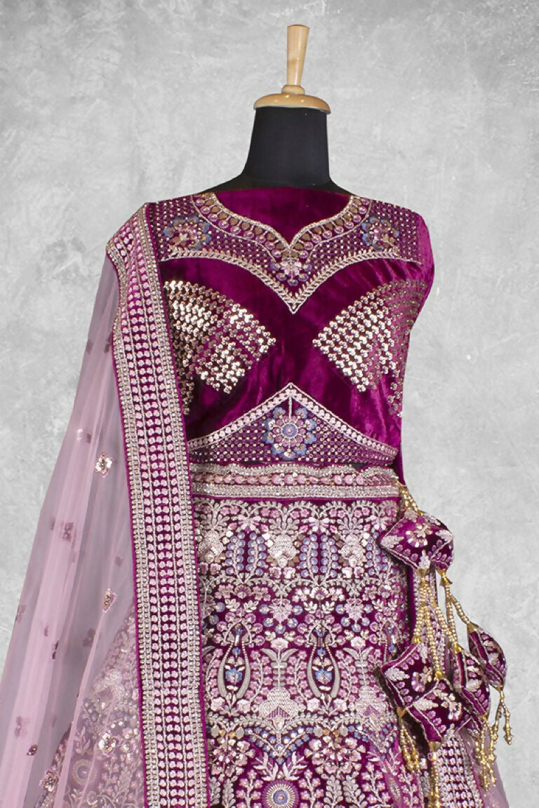 Lavendar & Wine Hand work Semi Stitched Lehenga Choli with Dupatta - Nimaya Lagnotsav