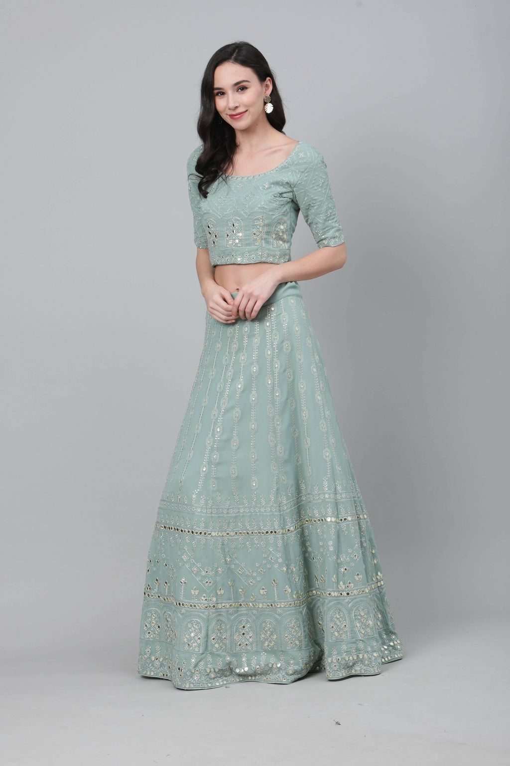 Dusty Green Georgette Sequins Embroidery with Mirror work Lehenga Choli with Dupatta - Jivika