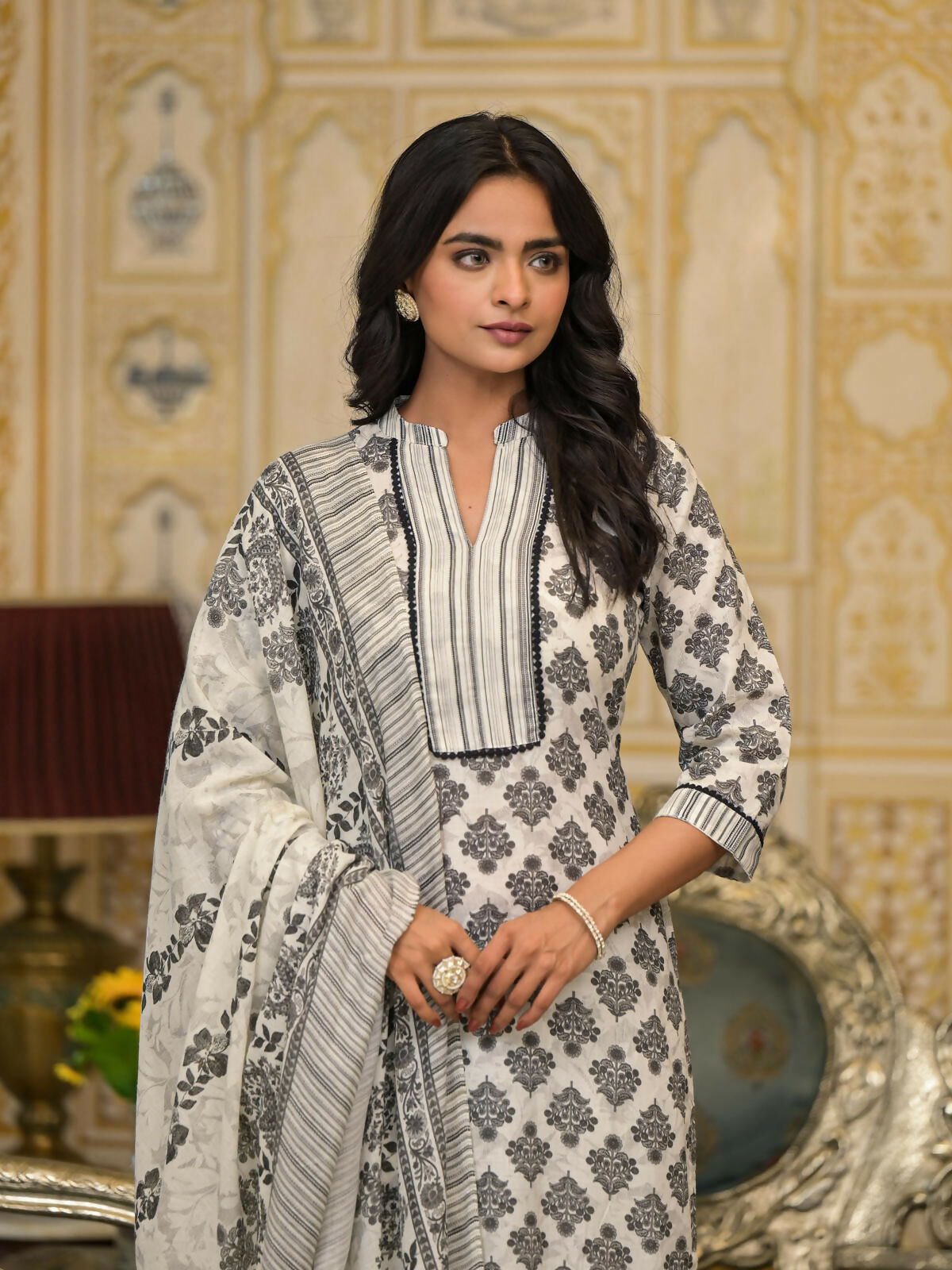 Juniper Women's White Floral Printed Cotton Kurta Pant With Dupatta Set With Lace