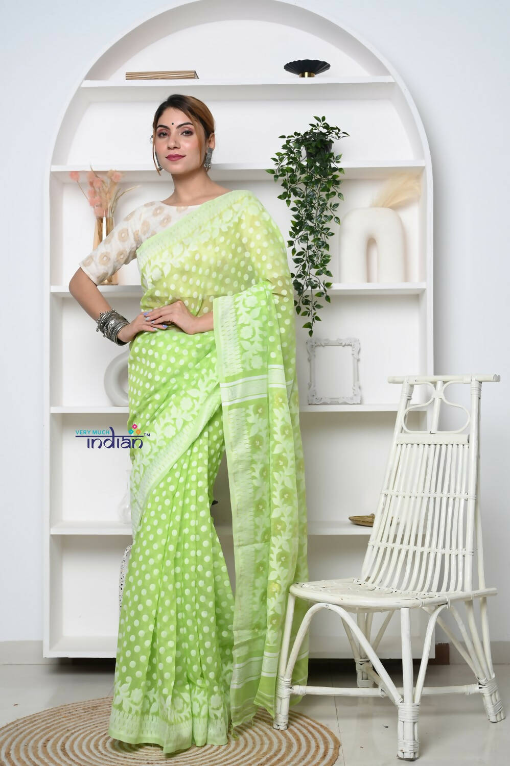 Very Much Indian Jamdhani Cotton Saree - Pista Green - Distacart