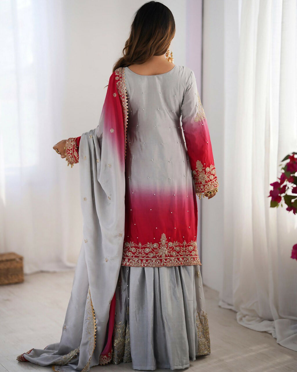The52 Women's Beautiful Chinon silk Fabric Embroidery Work Straight Kurta Palazzo and Dupatta Set - Distacart