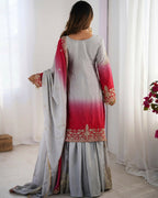 The52 Women's Beautiful Chinon silk Fabric Embroidery Work Straight Kurta Palazzo and Dupatta Set - Distacart