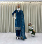 Vastranavya Blue Velvet Sequence Embroidery Work Kurta & Bottom With Dupatta - Distacart