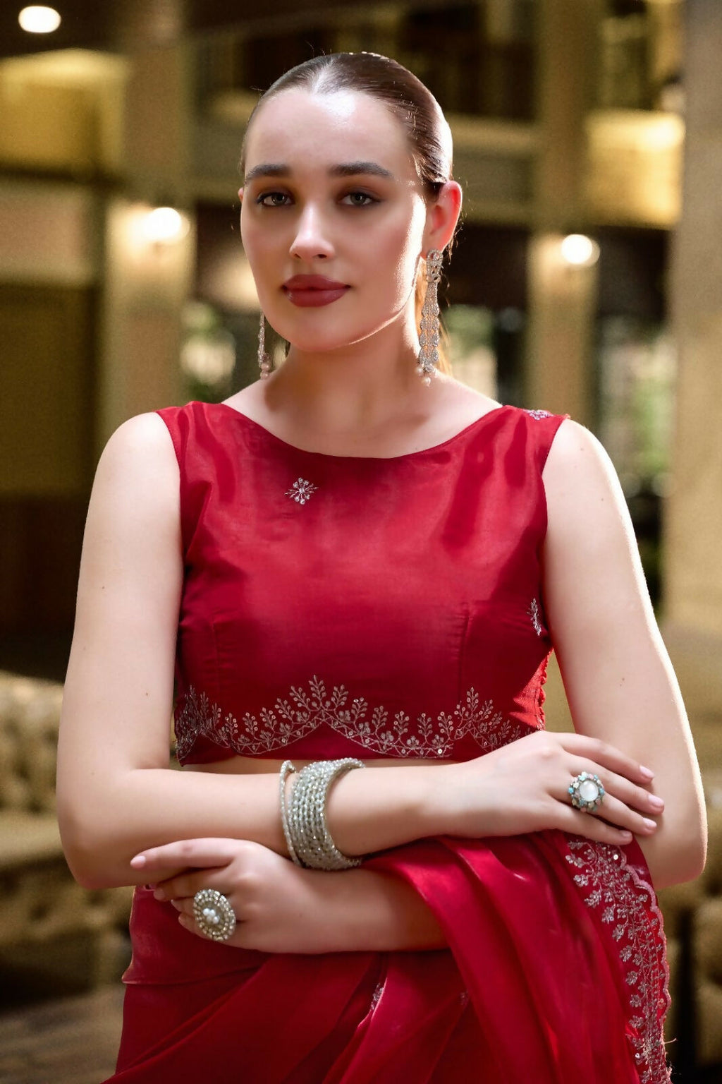 Vastranavya Red Embroidery Work Shimmer Chiffon Saree with Unstitched Blouse - Distacart