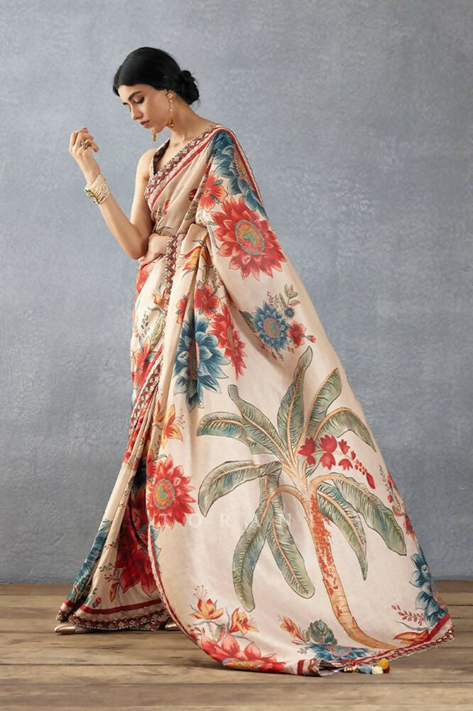 Beige Bright Moss Designer Digital Printed Party Wear Saree - Be Verly