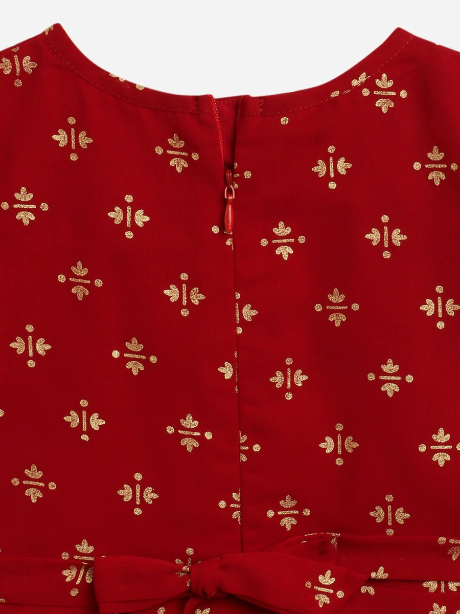Ahalyaa Maroon Georgette Gold Foil Print Kids Peplum style Kurta Sharara Set With Dupatta For Girls