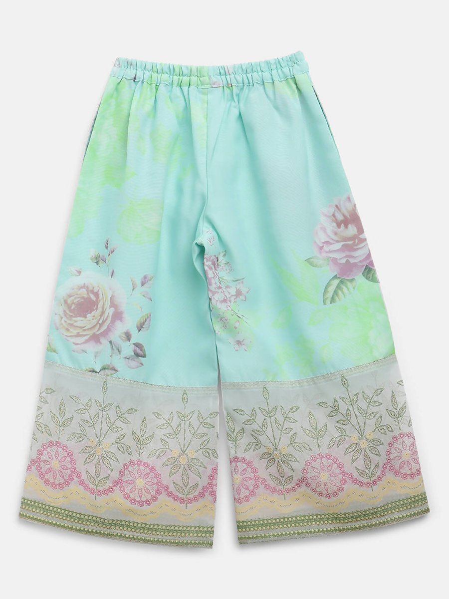 Ahalyaa Aqua Blue Crepe Printed Kids Kurta Palazzo Sets For Girls