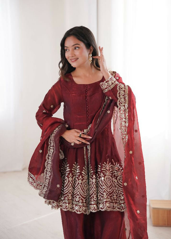 Teeya Creation Maroon Color Fendy Satin Silk Embroidery Work Party Wear Salwar Suit - Distacart