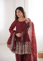 Teeya Creation Maroon Color Fendy Satin Silk Embroidery Work Party Wear Salwar Suit - Distacart