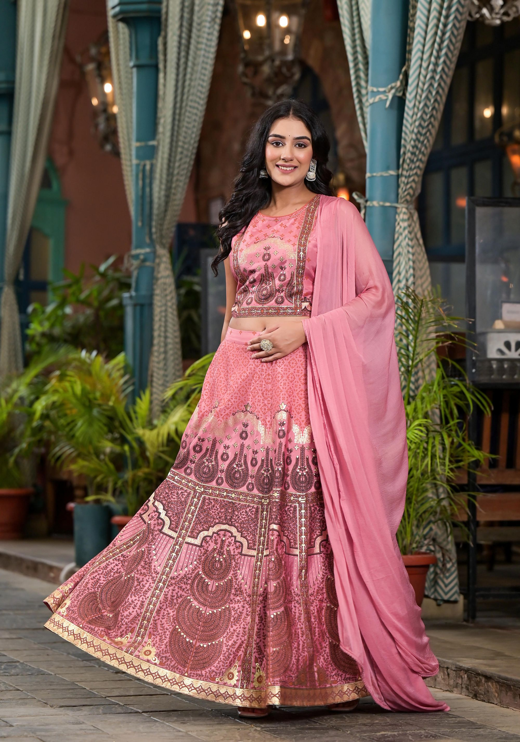 Juniper Women's Pink Ethnic Motif Printed Lehenga Set With Sequins & Gota Patti