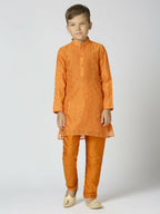 Joban Fashion Kids Island Full Sleeves Chanderi Kurta, Pyjama Set with Traditional Butta Work - Orange - Distacart