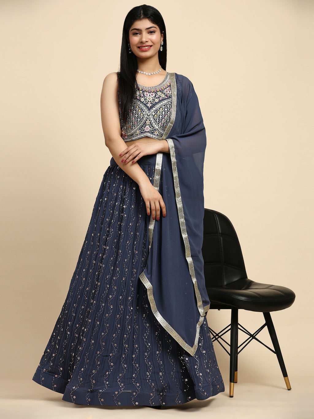 Dark Grey Georgette Embroidered Lehenga choli with Dupatta - Dhara