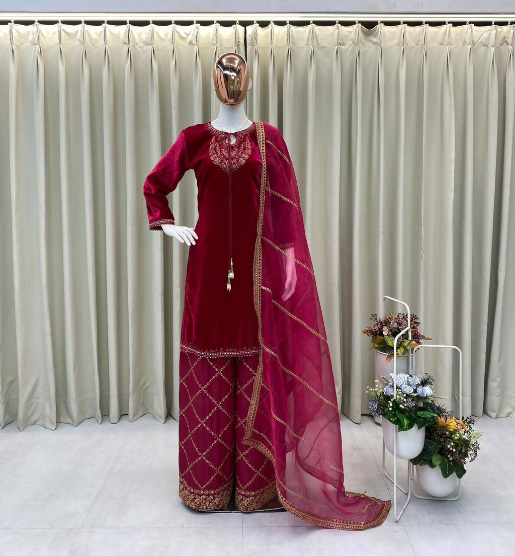 Vastranavya Pink Velvet Sequence Embroidery Work Kurta & Bottom With Dupatta - Distacart