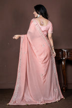 Morchari Peach Chiffon Hand Embroidery Saree Stitched Blouse - Distacart