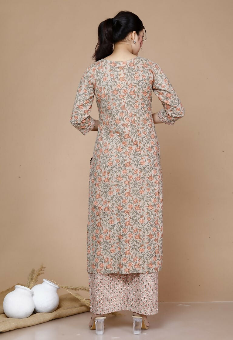 Miravan Women's Brown Floral Printed Gotta Patti Kurta With Palazzo And Dupatta Set