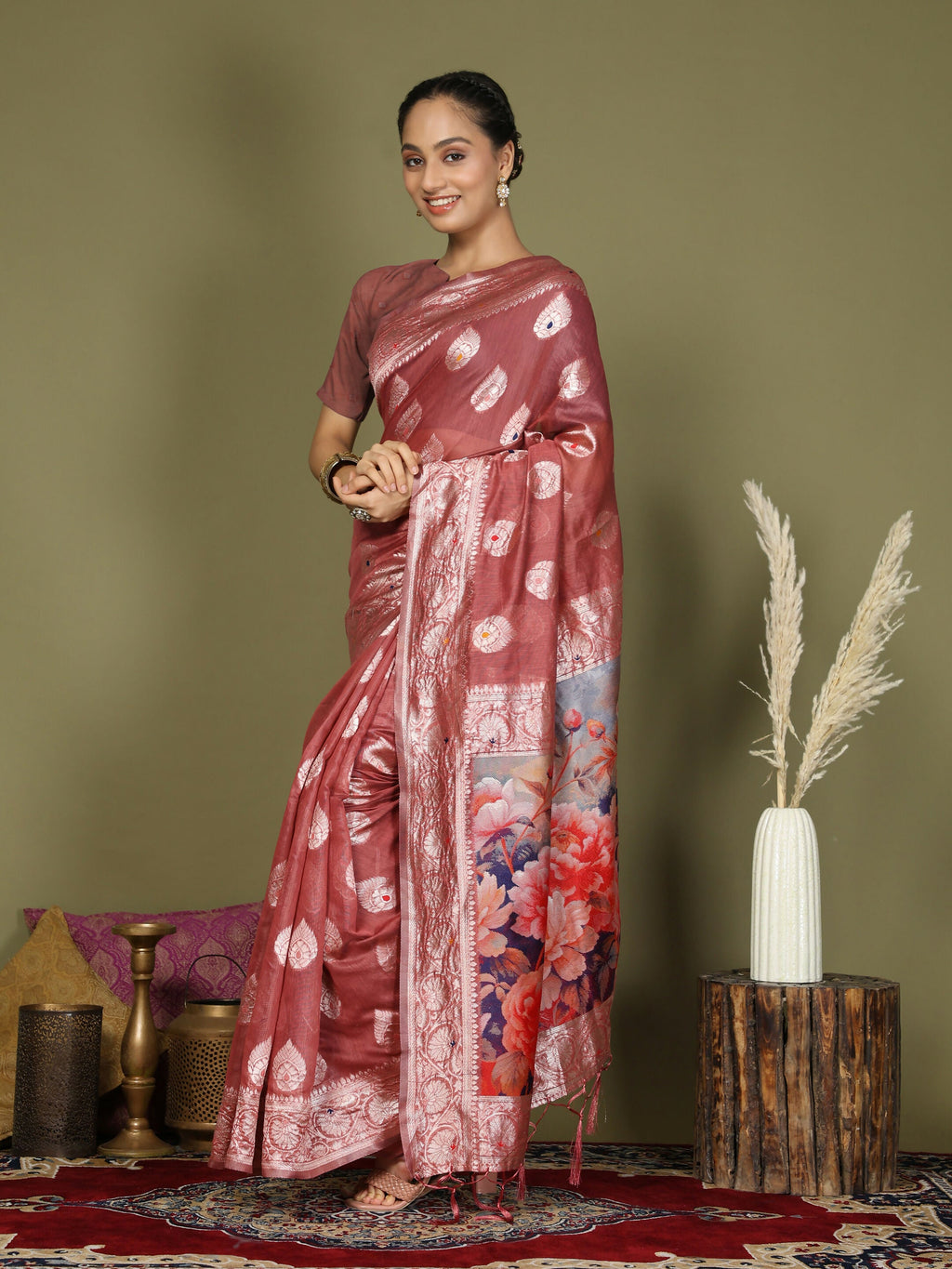 Shree Shyam Fashion Linen Cotton Rust Saree - Distacart