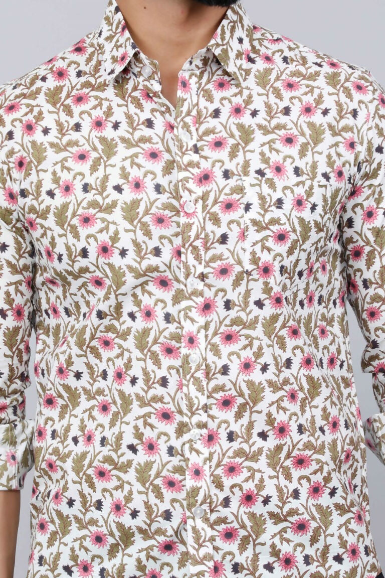 Miravan Men's Cotton Printed Full Sleeve Slim Fit Spread Neck White & Pink Colour Shirt
