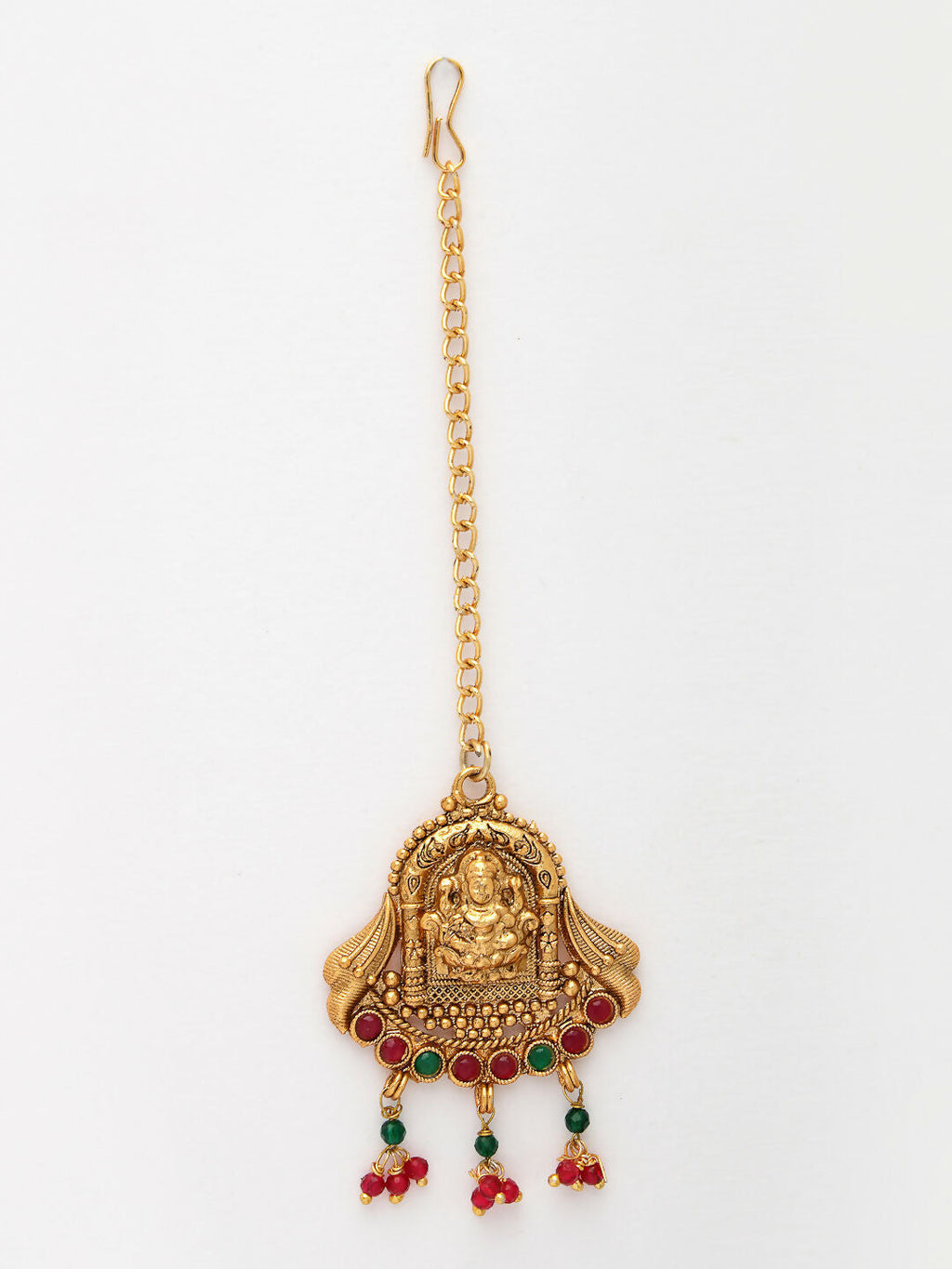 NVR Women's Set of 2 Gold-Polished Green & Red Stone Studded Lakshmi Design Temple Jewellery Set with Maangtikka