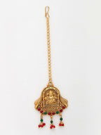 NVR Women's Set of 2 Gold-Polished Green & Red Stone Studded Lakshmi Design Temple Jewellery Set with Maangtikka