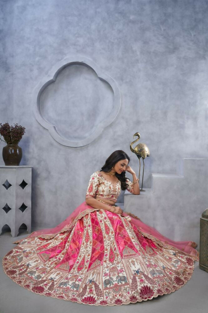 Kesar Fab Ivory Organza Embroidered Lehenga