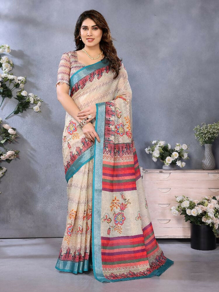 PR Fashion Cream Handloom Linen Cotton Saree