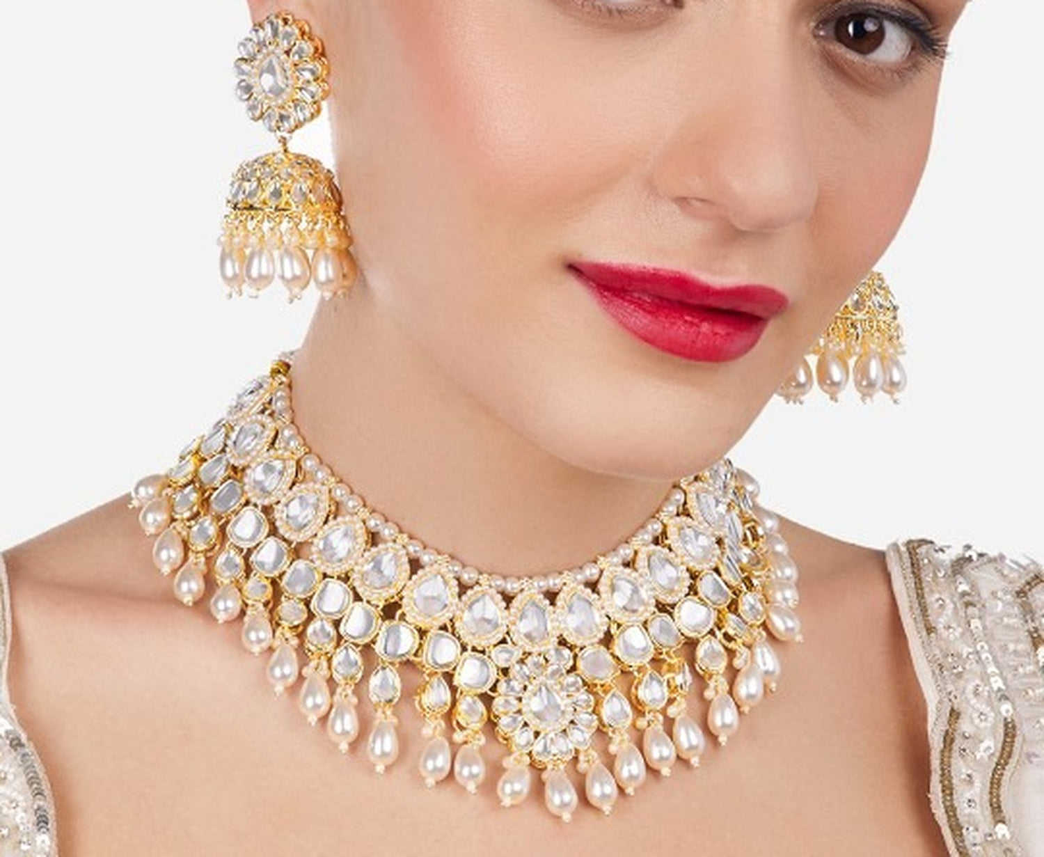 Jewel City Kundan Pearl Choker Necklace Set with Jhumka Earrings | Indian Bridal Jewelry for Women – Festive & Wedding Wear