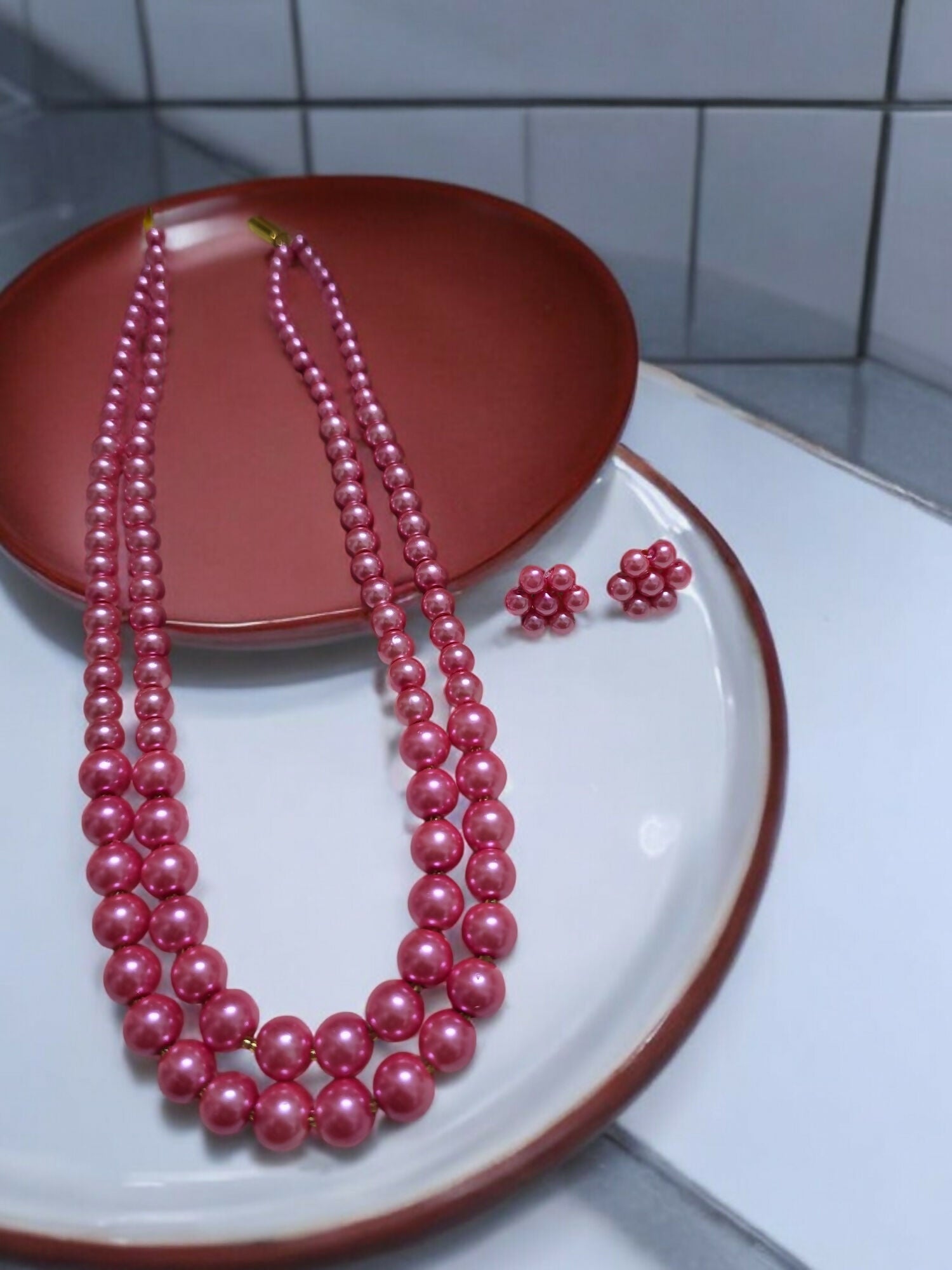 Inhanns Everyday Workwear Pearl Set (Double Layered Pearls) - Pink