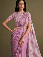 Light Purple Satin Silk Sequence Embroidered Saree With Stitched Blouse - Mohmanthan La Belle