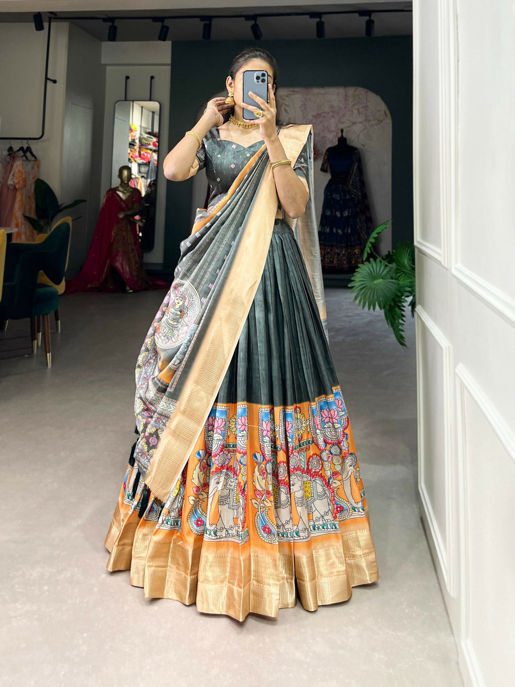 Vastranavya Kalamkari Print With Weaving Border Lehenga with Unstitched Blouse - Grey