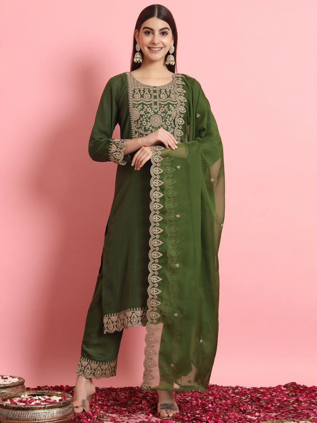 Vellora Green Silk Blend Readymade Suit for Everyday Elegance