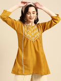 Women's Mustard Viscose blend Embroidered Short Top - Marina