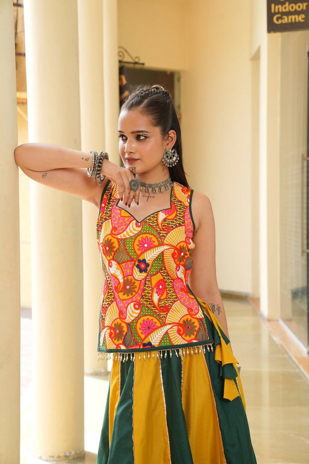 AI Fashion Mustard & Green Cotton Designer Navratri Wear Lehenga Choli Collection