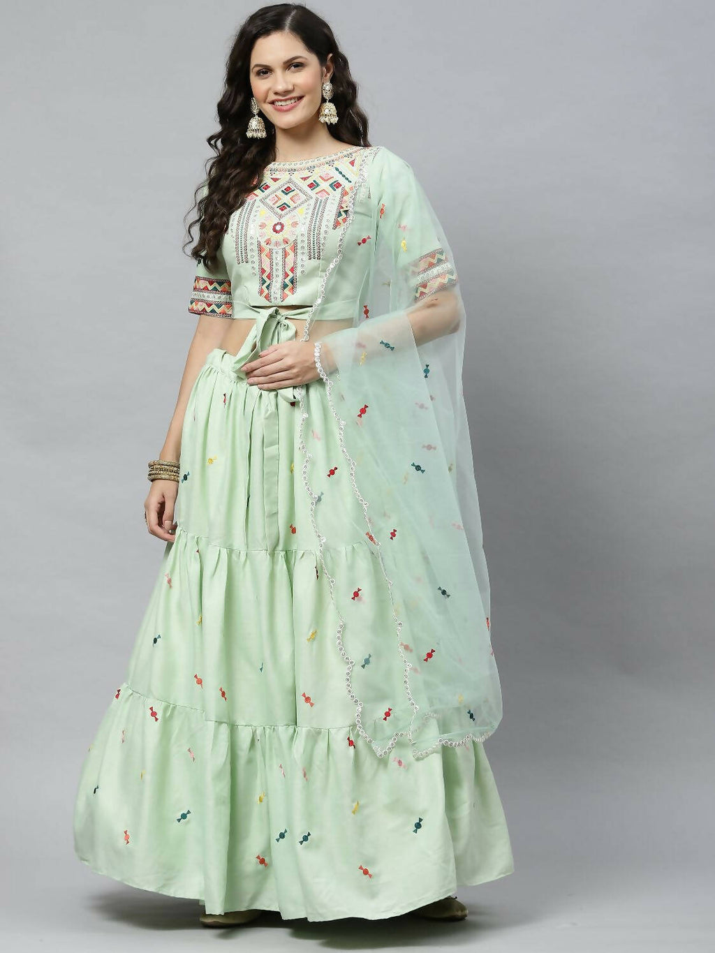 Pista Cotton Embroidered Work Lehenga Choli with Dupatta - Jivika