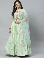 Pista Cotton Embroidered Work Lehenga Choli with Dupatta - Jivika