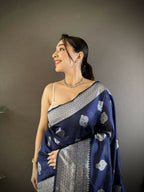 Joban Fashion Navy Blue Floral Motifs Soft Silk Banarasi Saree - Distacart