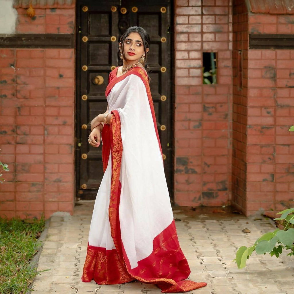 DEIANA'S Beautiful Designer Golden zari Soft Lichi Silk Saree - White