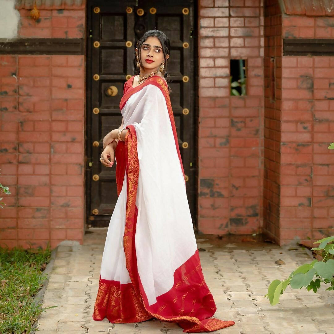 DEIANA'S Beautiful Designer Golden zari Soft Lichi Silk Saree - White