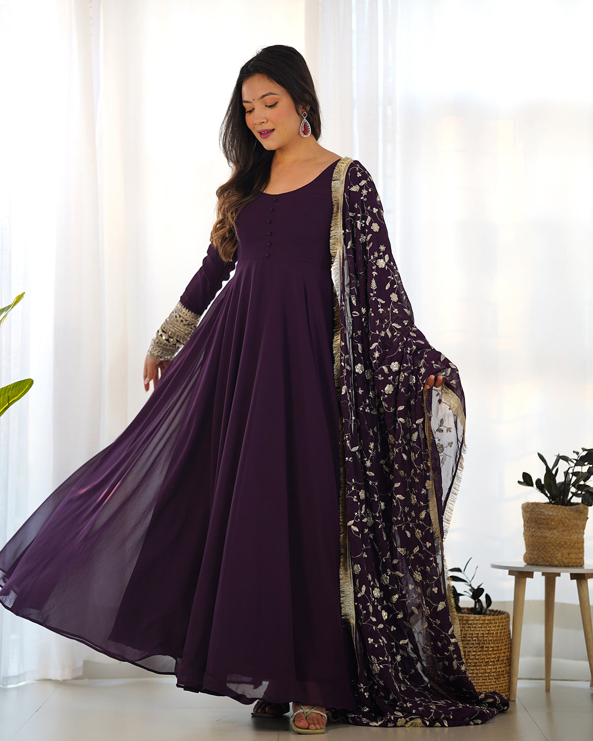 Lorenvalley Fashion Women Georgette Anarkali Gown Duppta Full Set With Pent Ready To Wear - Wine