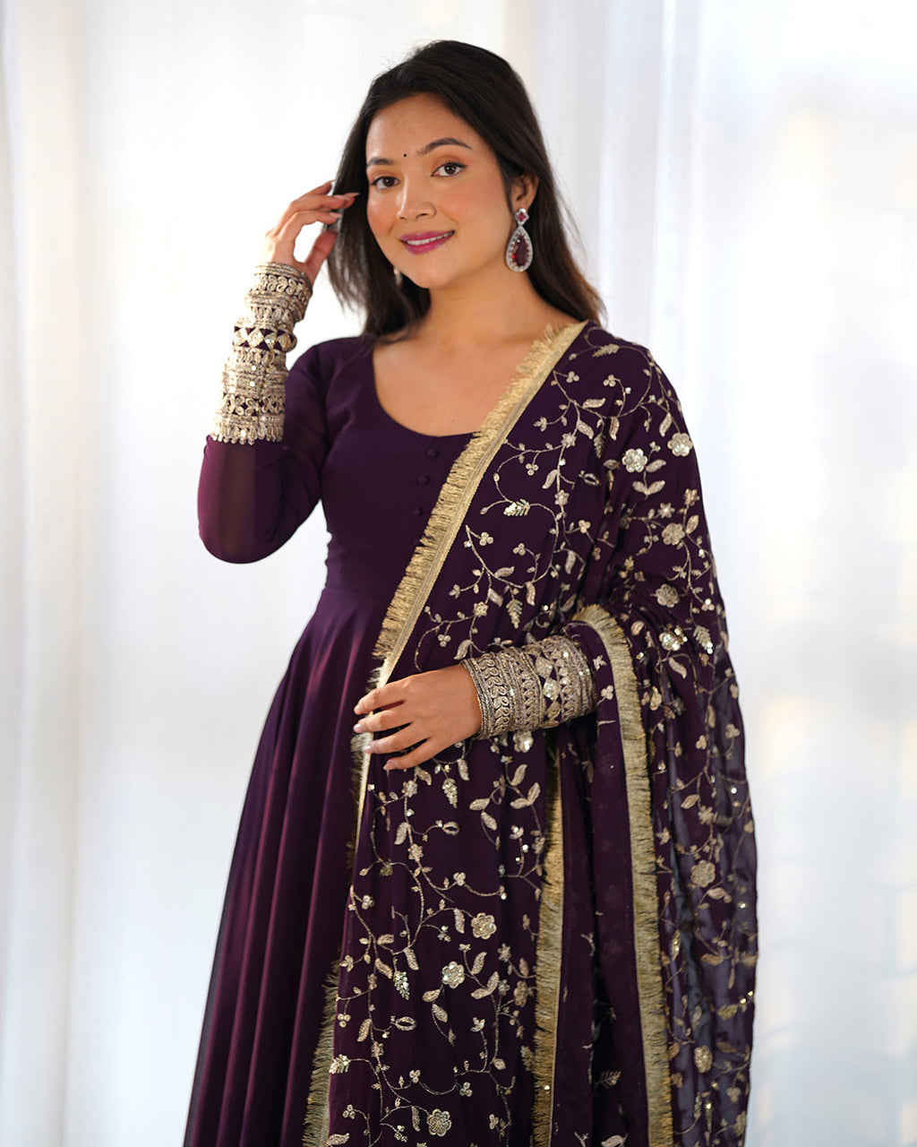 Lorenvalley Fashion Women Georgette Anarkali Gown Duppta Full Set With Pent Ready To Wear - Wine