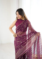 Lorenvalley Fashion Wine Solo Georgette Superb Finishing Foils Print & Fancy Zalar Lace in Border Saree with Blouse - Distacart