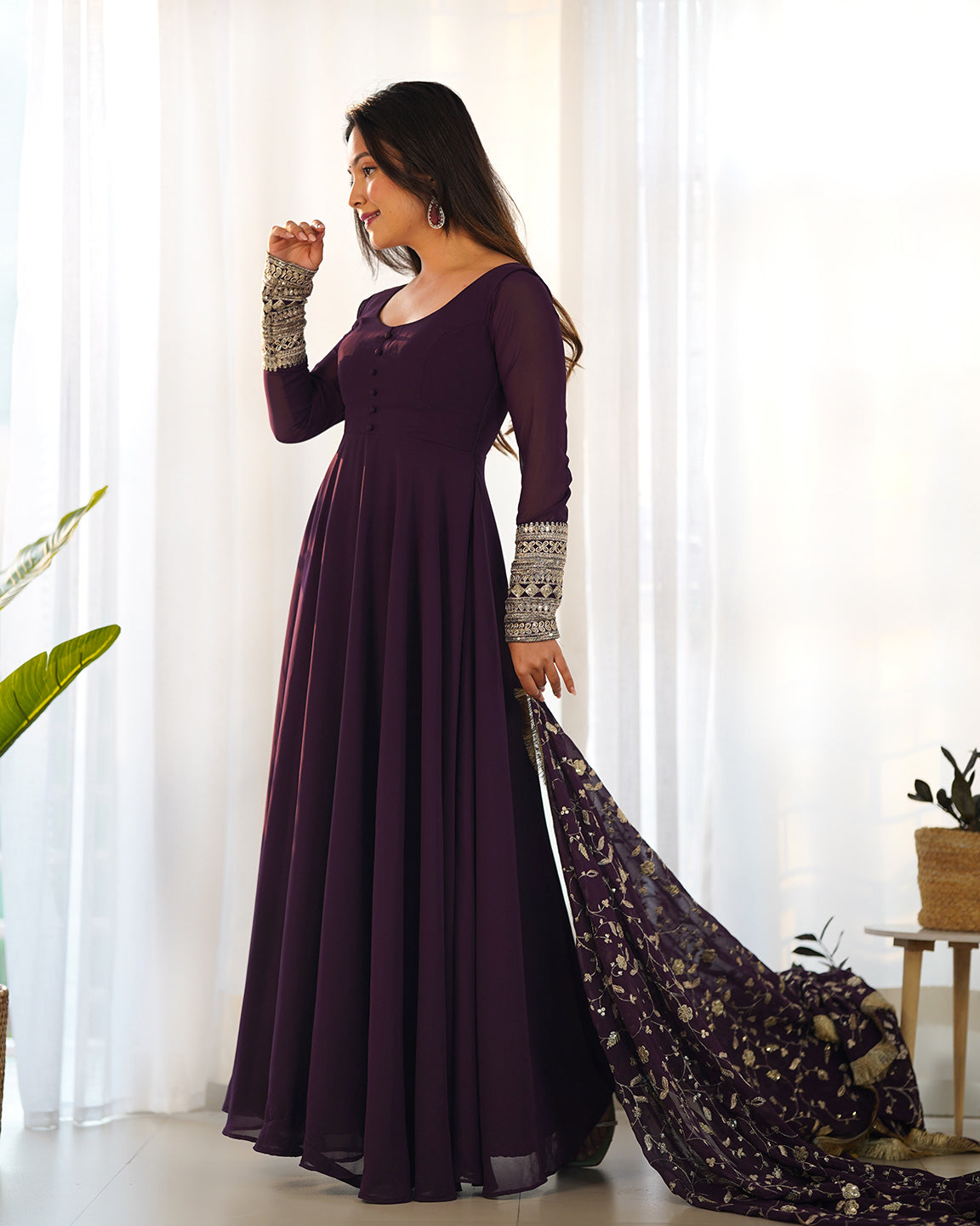 Lorenvalley Fashion Women Georgette Anarkali Gown Duppta Full Set With Pent Ready To Wear - Wine