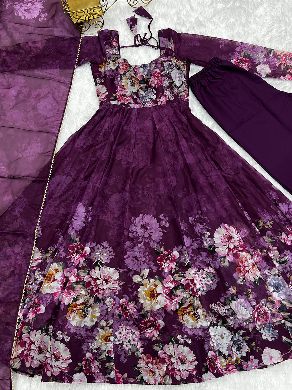 Lorenvalley Fashion Women Pure Soft Organza Silk Floral Print Fully Flair Anarkali With Pent Dupatta Set - Wine