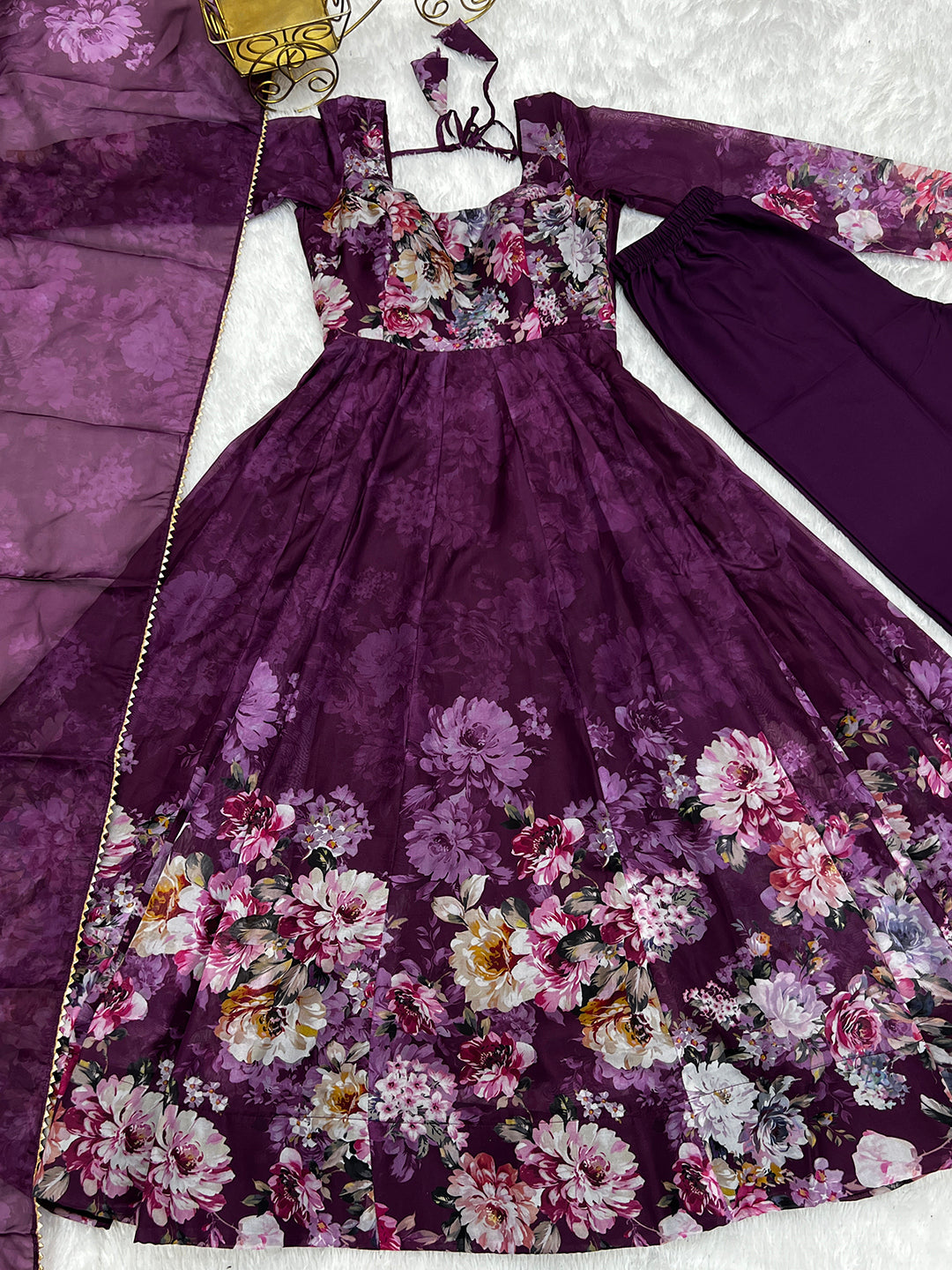 Lorenvalley Fashion Women Pure Soft Organza Silk Floral Print Fully Flair Anarkali With Pent Dupatta Set - Wine