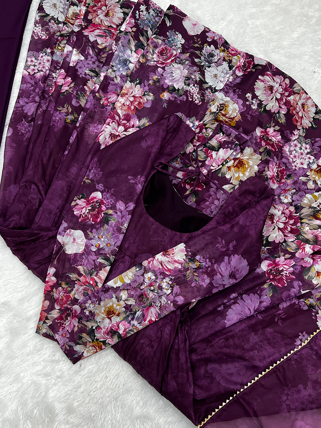 Lorenvalley Fashion Women Pure Soft Organza Silk Floral Print Fully Flair Anarkali With Pent Dupatta Set - Wine