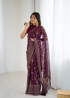 Lorenvalley Fashion Wine Solo Georgette Superb Finishing Foils Print & Fancy Zalar Lace in Border Saree with Blouse - Distacart