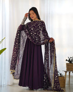 Lorenvalley Fashion Women Georgette Anarkali Gown Duppta Full Set With Pent Ready To Wear - Wine