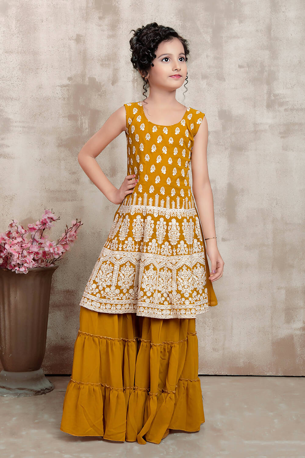 Kids Wedding Designer Yellow Faux Georgette Fabric Sharara Suit - Aaradhna