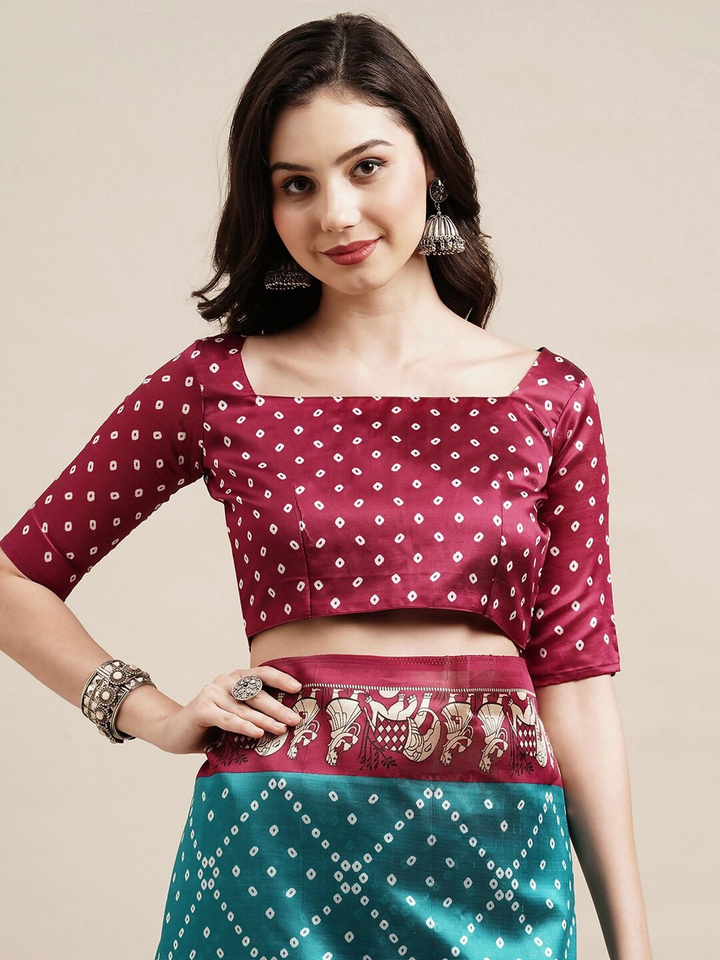 Saree Mall Blue & Maroon Bandhani Silk Blend Bandhani Sarees - Distacart