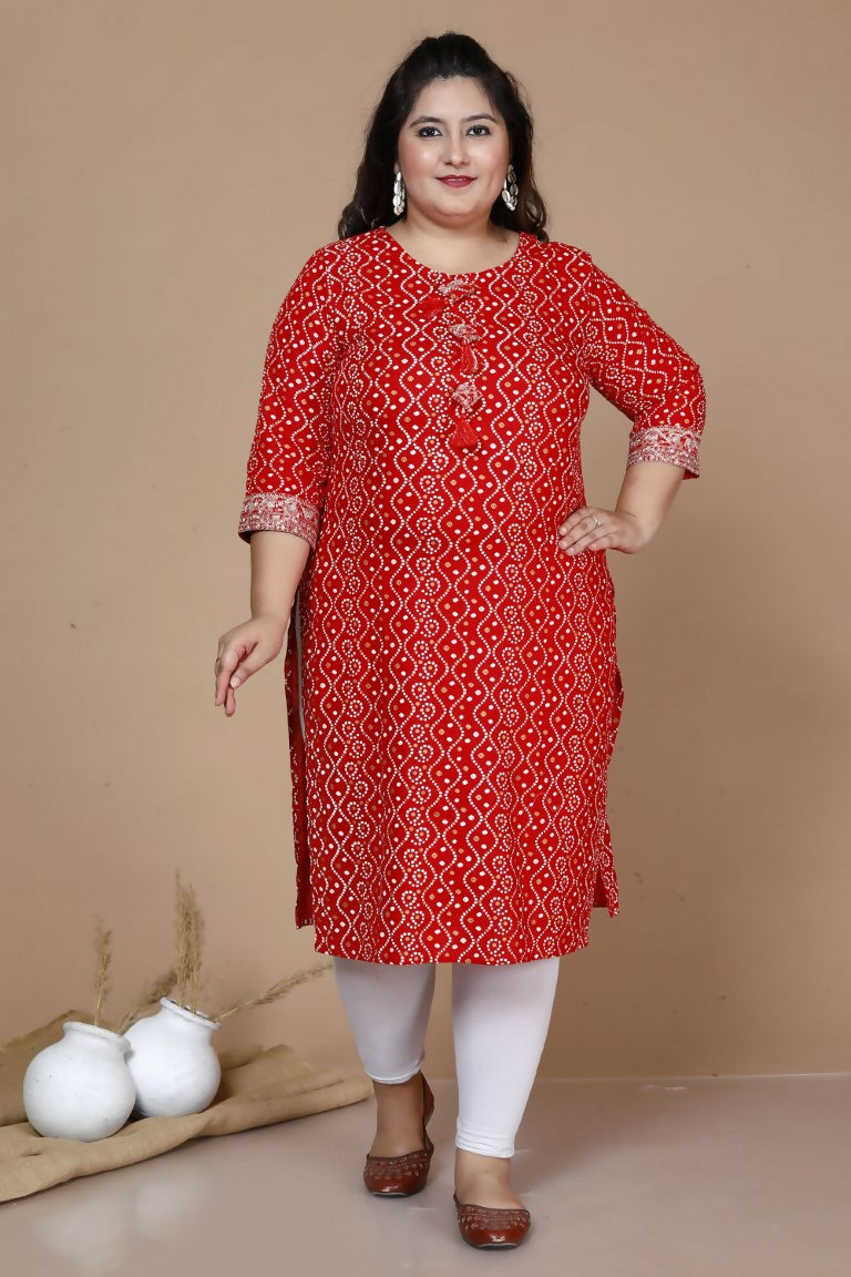 Miravan Women's Plus Size Festive Wear Red Bandhani Printed Straight Kurta